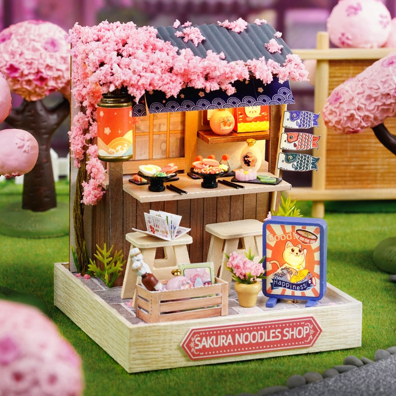 Sakura Noodles Shop miniature house kit – cherry blossom details and warm amber LED glow