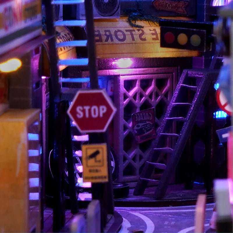 Cyberpunk book nook kit detail – neon city architecture with fire escapes and RGB glow
