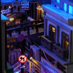 DIY cyberpunk miniature kit for adults – futuristic neon city scene with deep blue LED lighting