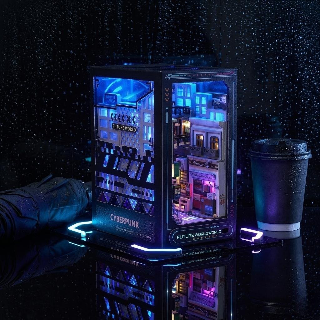 DIY cyberpunk miniature book nook between books – futuristic neon city with fire escapes and RGB lighting
