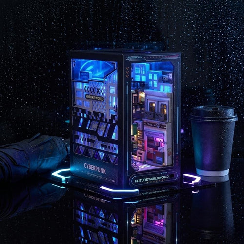 DIY cyberpunk miniature book nook between books – futuristic neon city with fire escapes and RGB lighting