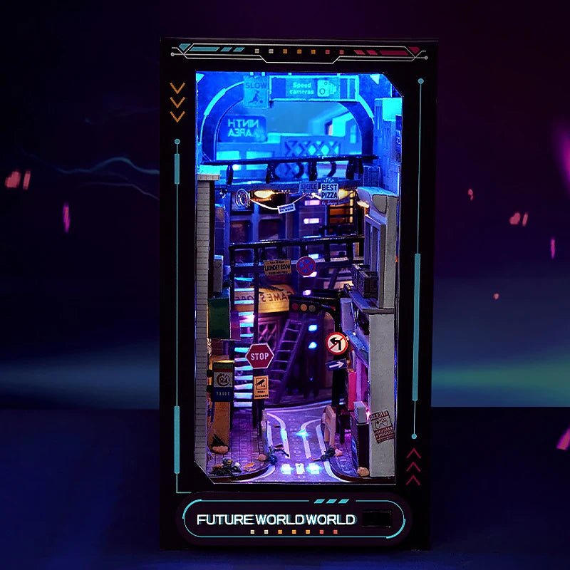 Cyberpunk City Book Nook Kit – DIY miniature futuristic street shelf insert with RGB LED lights | NOOKA