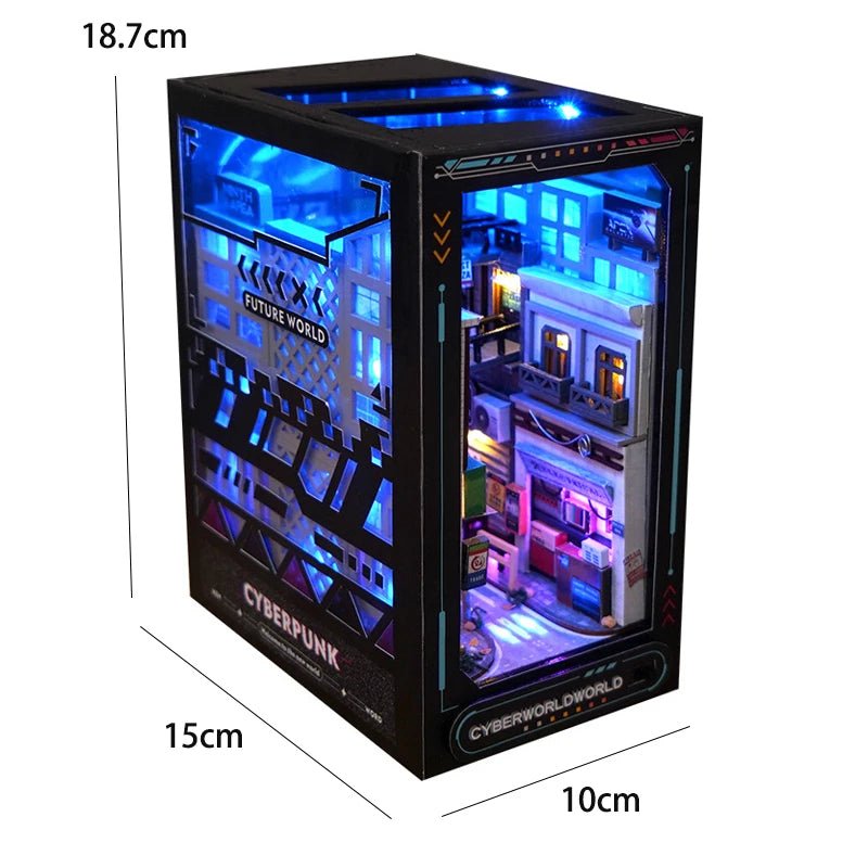 Gift for gamers and sci-fi fans – cyberpunk city book nook kit with RGB LED lights included
