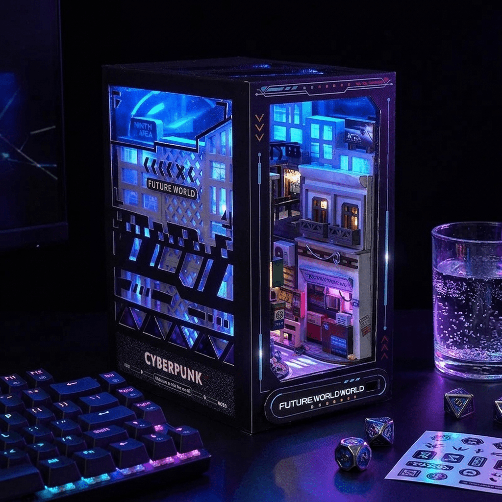 Cyberpunk City Book Nook Kit glowing on dark bookshelf – purple blue neon LED street scene | NOOKA