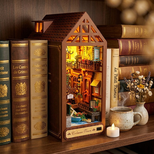 European Fairy Tale Book Nook Kit – DIY miniature cobblestone street shelf insert with warm golden LED lights