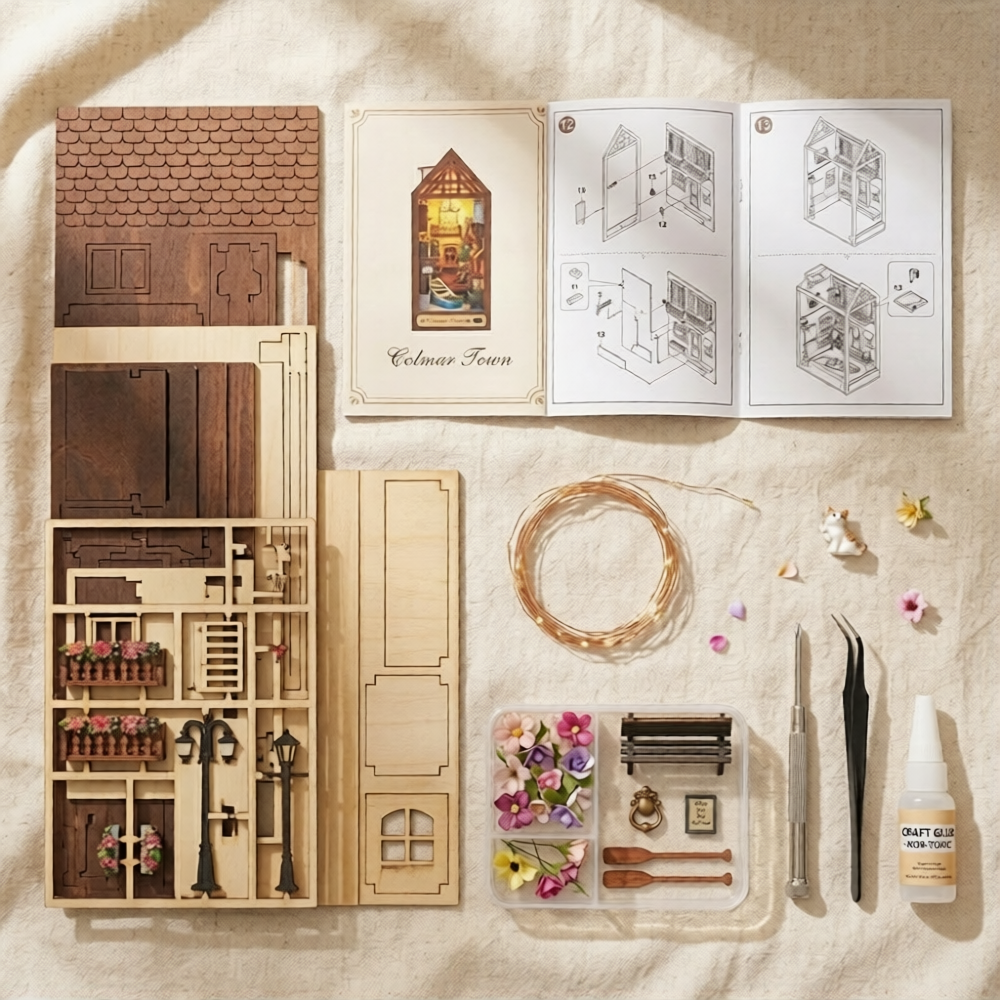 Wooden European book nook kit for adults – fairy tale town miniature scene with flower balconies