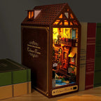 Miniature European town book nook – flower balconies café terrace and canal scene with LED lighting