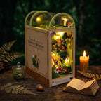 Firefly Forest Book Nook Kit on wooden bookshelf – enchanted forest glowing with golden firefly LED lights | NOOKA