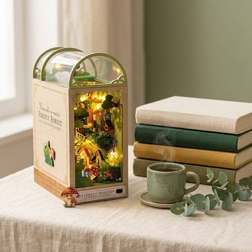 DIY enchanted forest miniature book nook – hobbit cottage with giant mushrooms and warm firefly LED glow