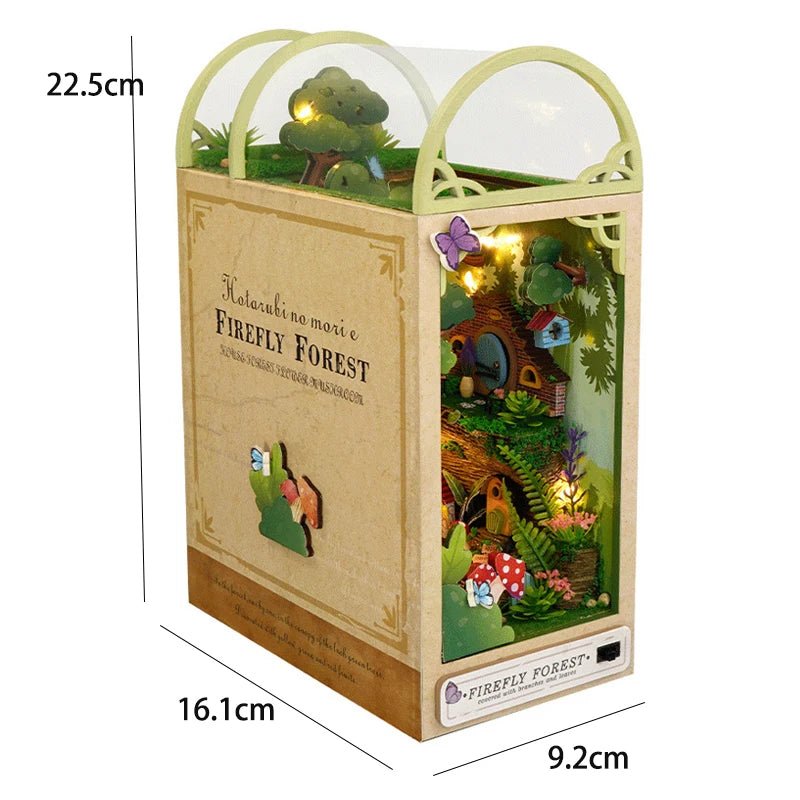 Fantasy book nook kit – hobbit cottage and mushroom forest miniature with warm golden LED lighting