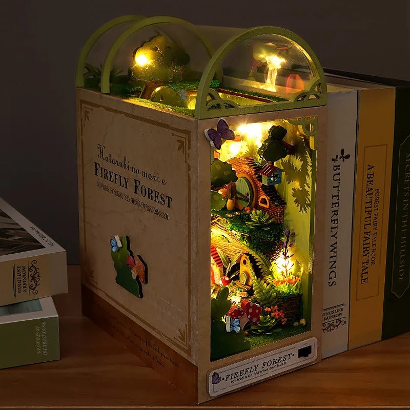 Gift for book lovers – Firefly Forest book nook kit with warm golden LED lights and glass dome