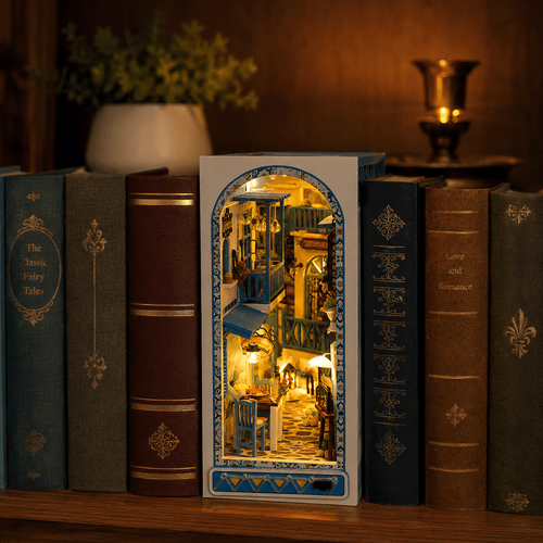 Greek Island Book Nook Kit – DIY miniature Santorini street shelf insert with LED lights | NOOKA