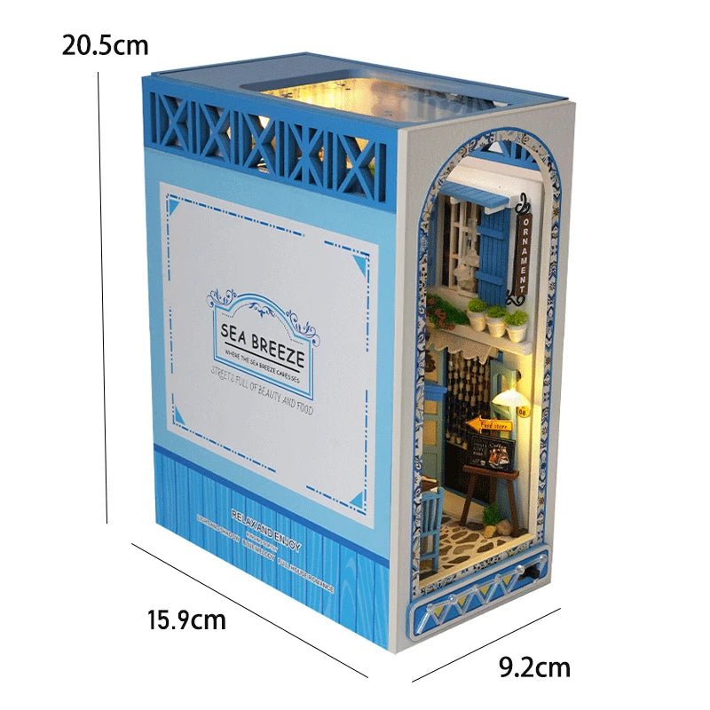 Book nook shelf insert – DIY Greek Mediterranean street scene with café terrace and flower balconies