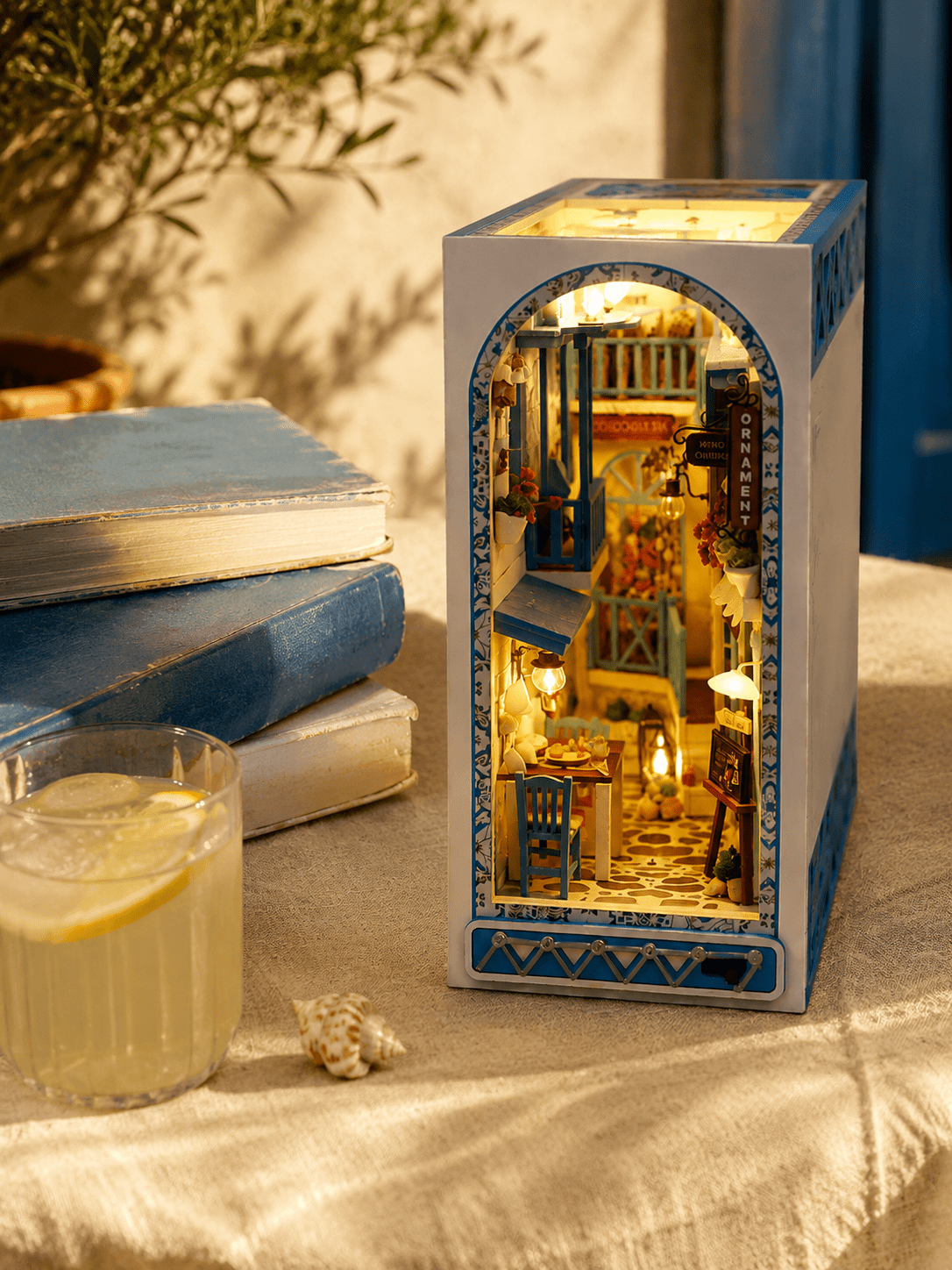 DIY Mediterranean miniature kit for adults – cobblestone alley with wind chimes and warm LED glow