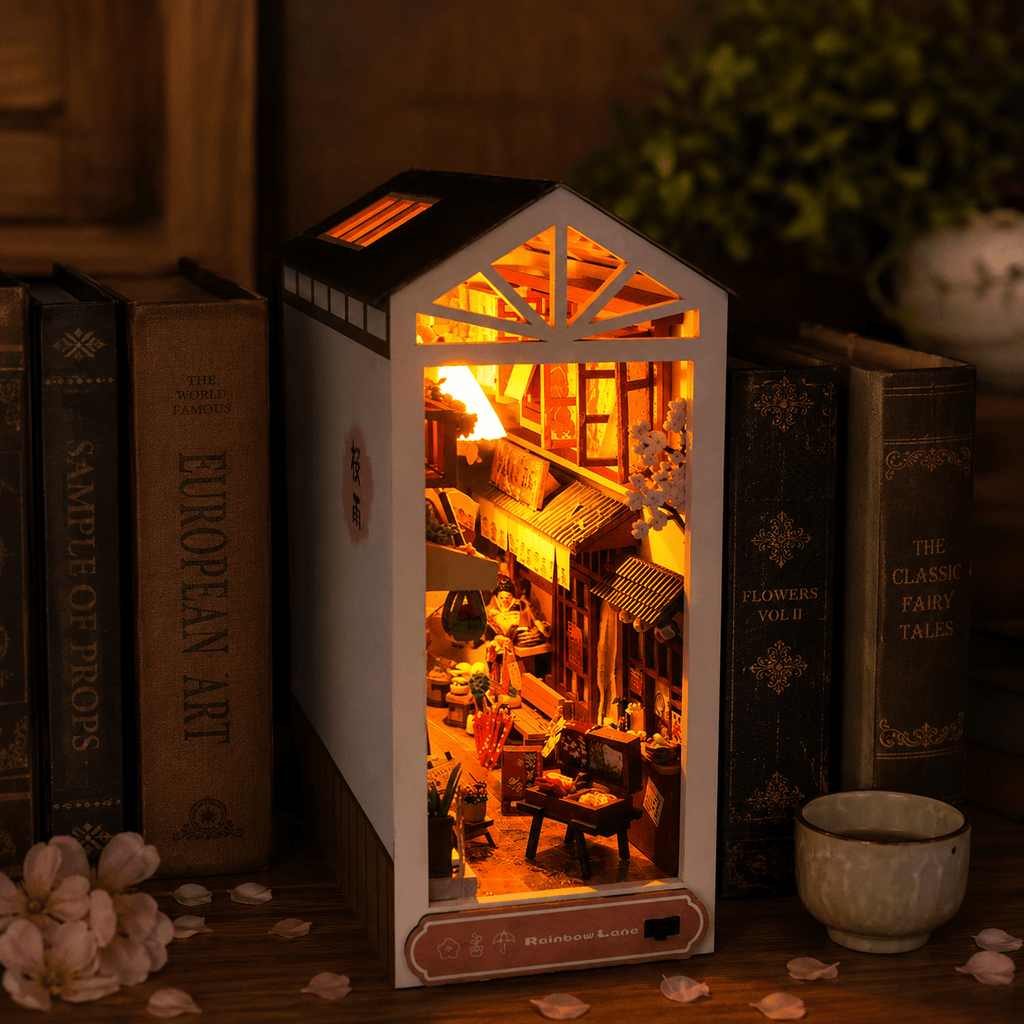 Japanese Market Book Nook Kit – DIY miniature sakura street shelf insert with LED lights | NOOKA