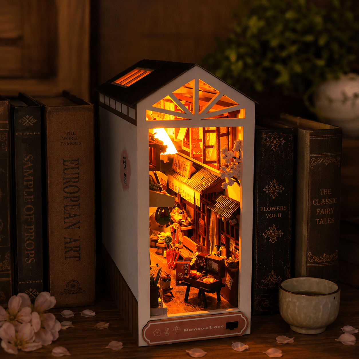 Japanese Market Book Nook Kit – DIY miniature sakura street shelf insert with LED lights | NOOKA