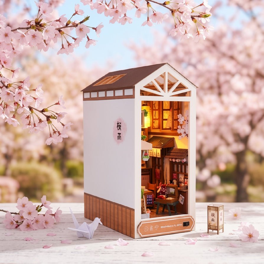 Japanese Market Book Nook Kit – sakura cherry blossom street with lanterns and warm LED glow between books | NOOKA
